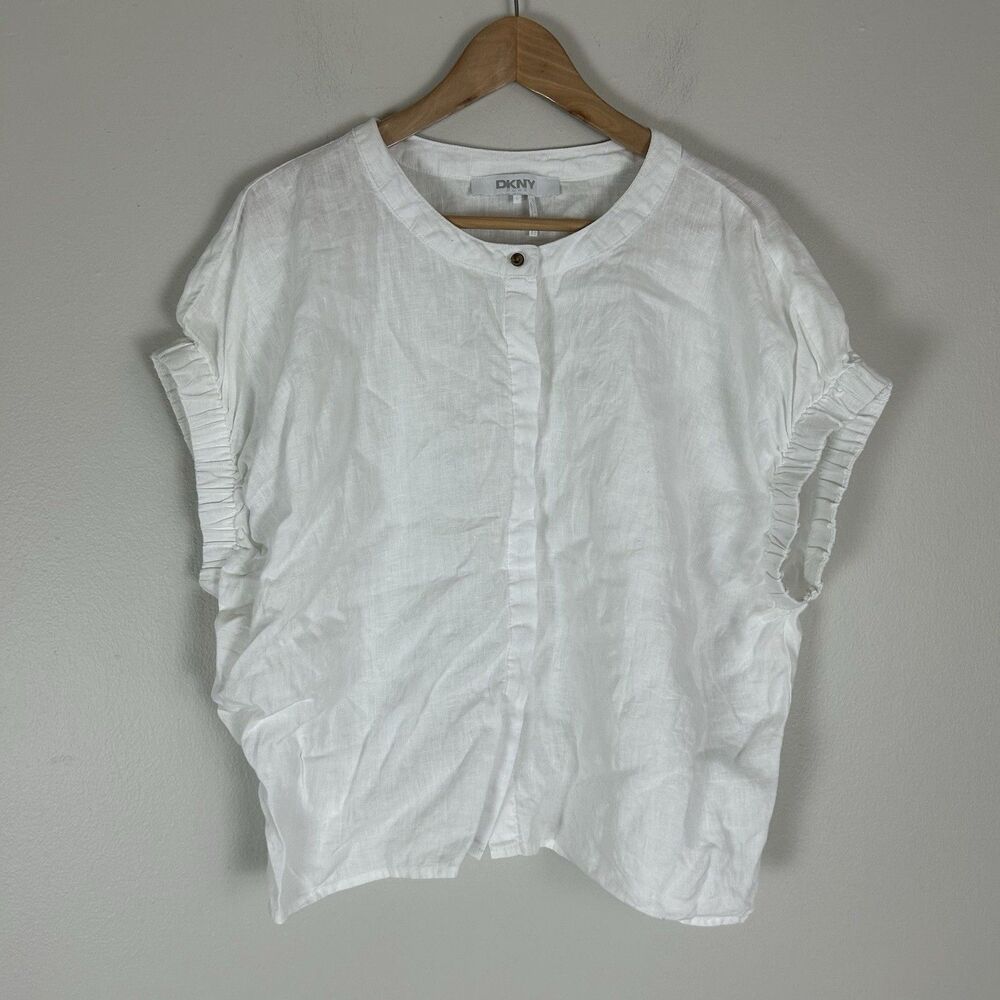 Dkny Pure L Linen Shirt White Button Up Short Sleeve Beach Coastal Quiet Luxury